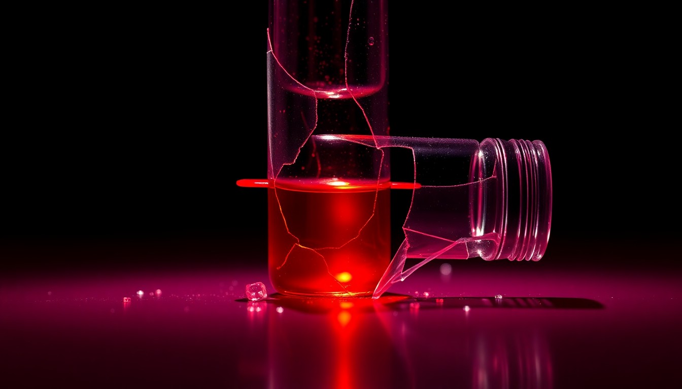 An extreme close-up of a shattered glass vial reflecting a bright red liquid, conveying the high-stakes emotional and financial toll of Bhad Bhabie's cancer battle.