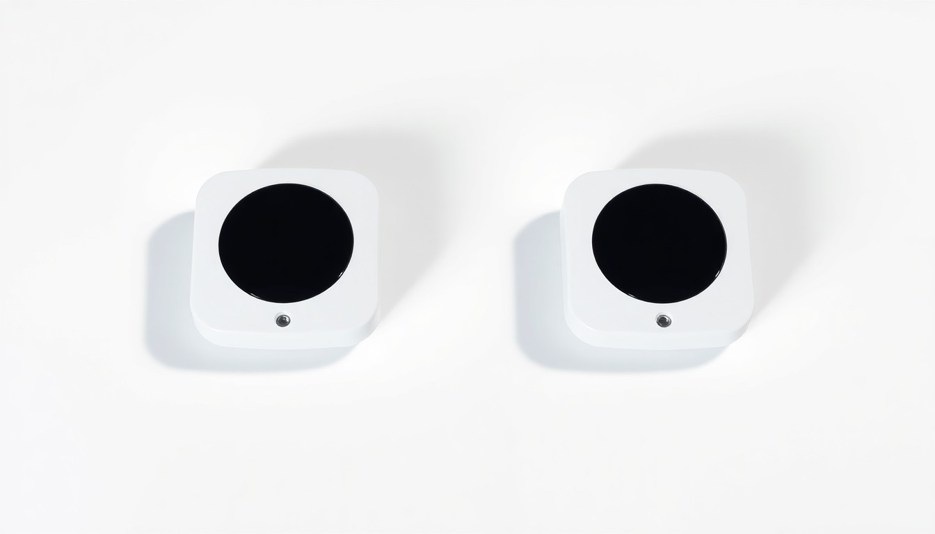 A photorealistic studio still life featuring a pair of clean, modern garage door sensors arranged on a crisp white background with dramatic lighting and deep shadows, conceptually representing the abstract technology behind home automation.