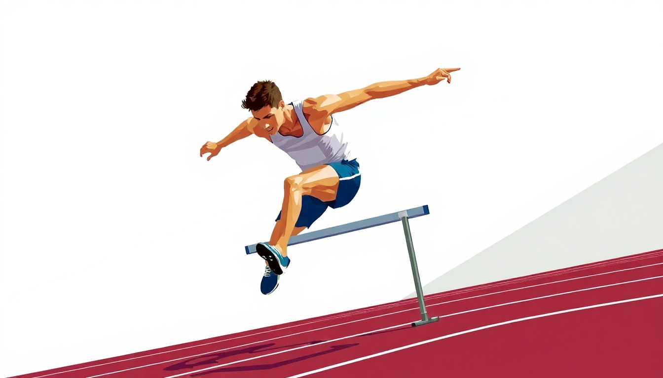 A fractured, multi-perspective painting in the style of Pablo Picasso, breaking down a hurdler's movements into sharp, overlapping geometric planes to capture the raw athleticism and energy of the sport.
