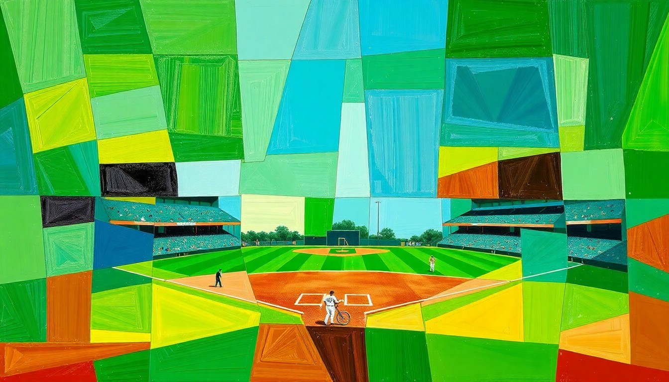 A fragmented, geometric painting depicting a high school baseball game, with overlapping planes of color representing the dynamic action on the field.