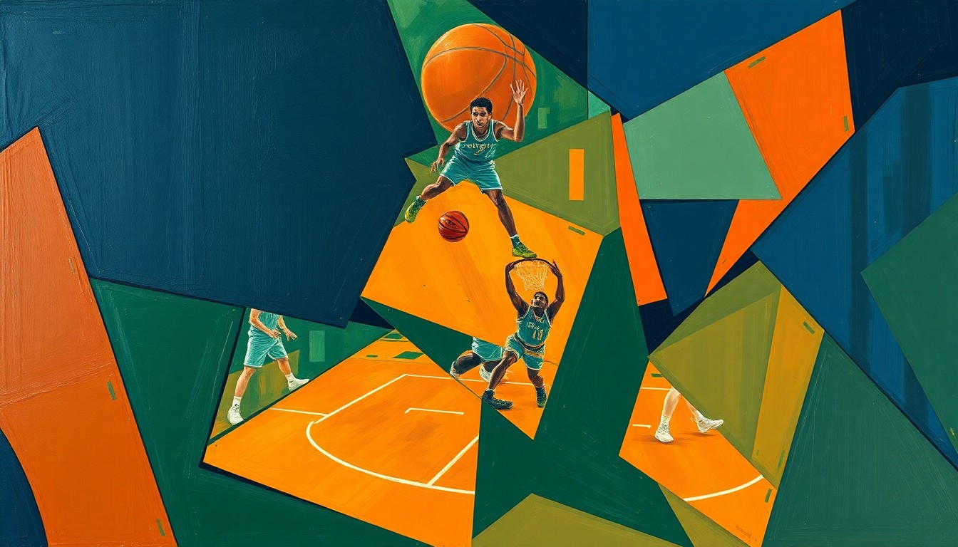 A cubist, geometric painting depicting a fragmented basketball game, with overlapping planes of navy, green, and orange, conveying the disruption and uncertainty facing the Dallas Mavericks due to key player injuries.