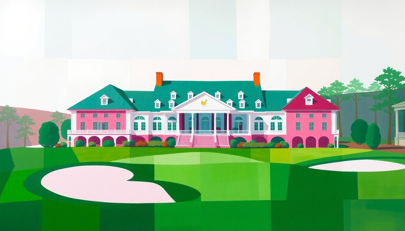 A fractured, geometric painting depicting the iconic Augusta National clubhouse and golf course in a vibrant color palette, with the buildings and landscape deconstructed into sharp, overlapping planes that capture the energy and strategy of the Masters Tournament.