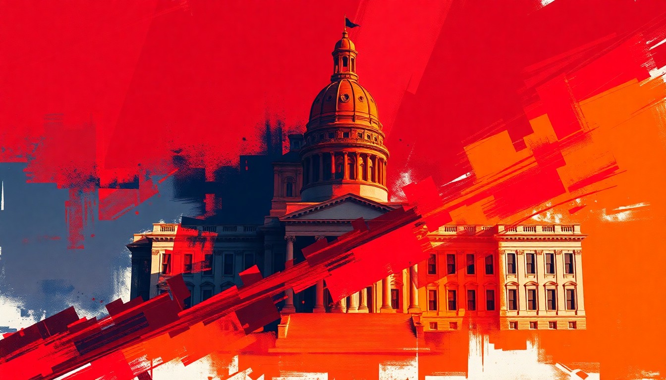 A vibrant, abstract painting depicting the Oklahoma state capitol building in a fractured, geometric style, with overlapping waves of deep red, burnt orange, and navy blue colors, conveying a sense of political tension and dynamism.