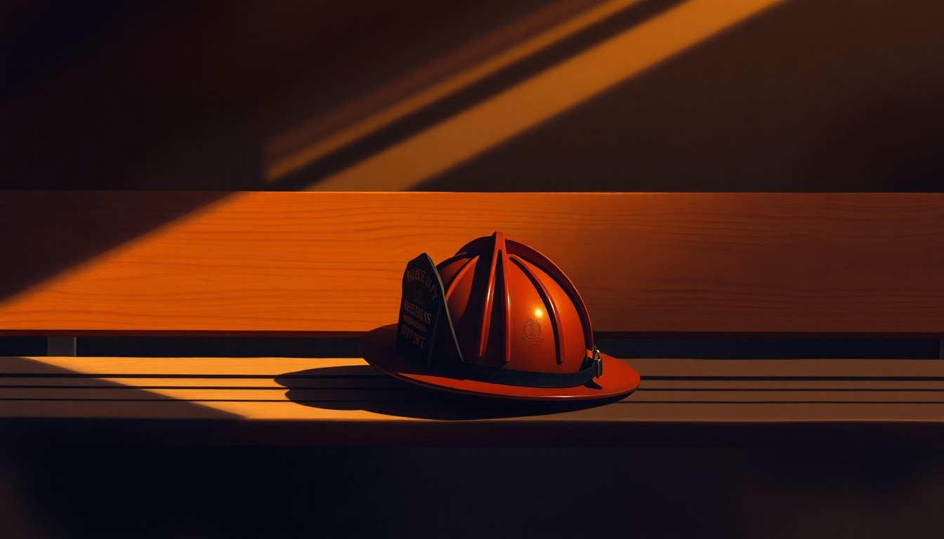 A close-up painting of a firefighter's helmet resting on a wooden bench, with warm sunlight and deep shadows creating a contemplative, cinematic mood.
