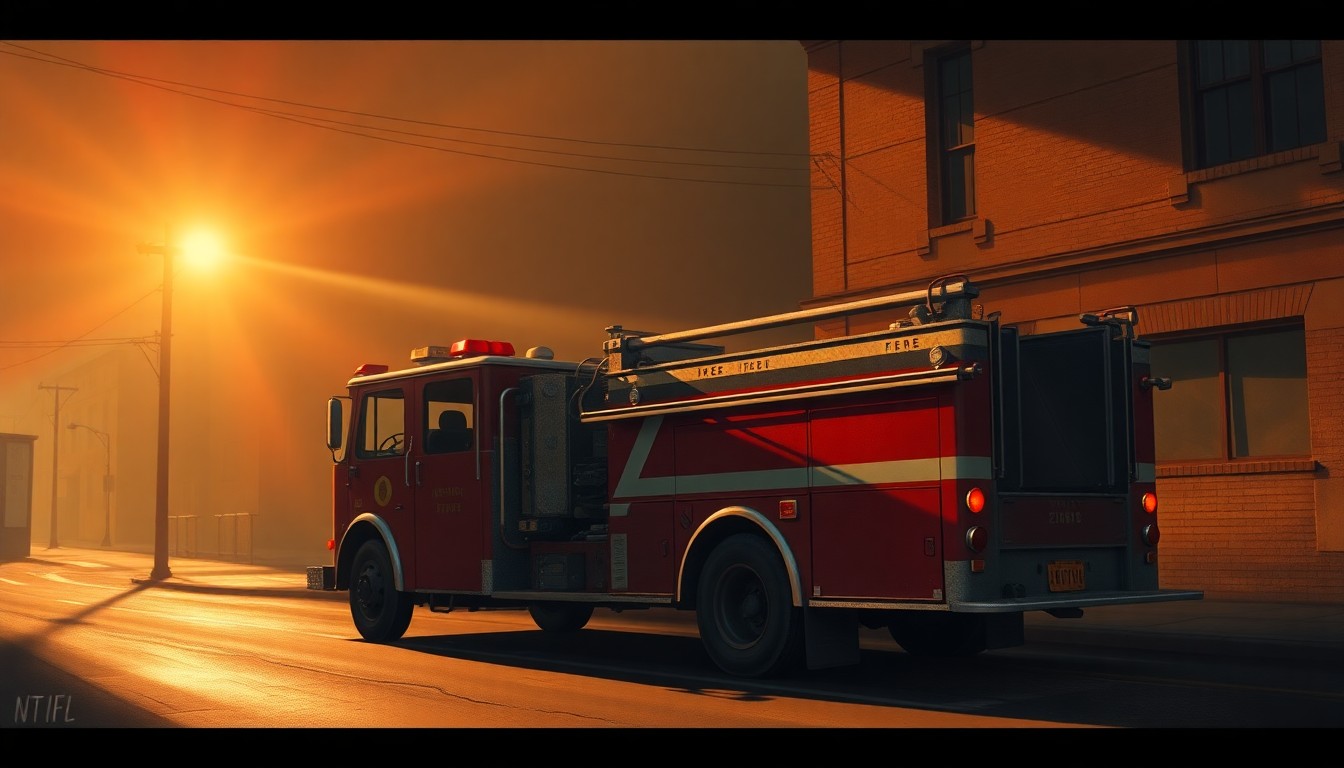 A photorealistic painting of an old red fire engine parked on a quiet, sunlit street, its chrome fittings gleaming. The scene has a nostalgic, cinematic quality, capturing the solitary nature of the vehicle and the stillness of the urban setting.
