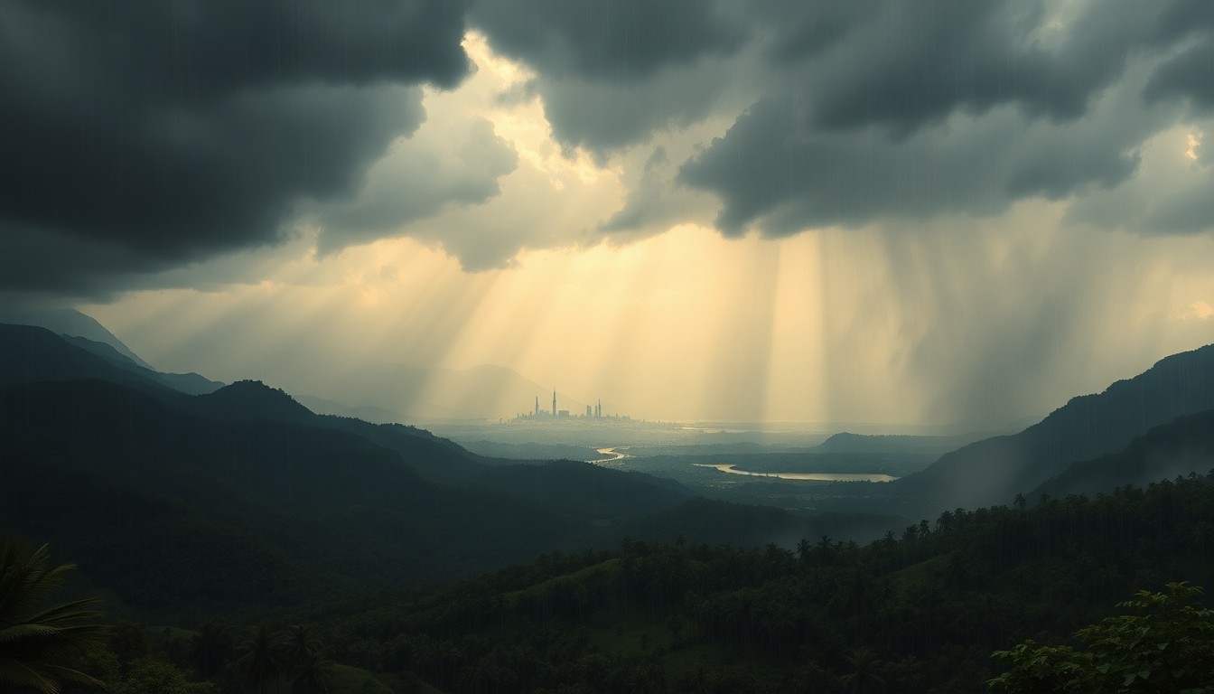 A vast, sweeping landscape painting in muted greens, blues, and grays, with dramatic clouds and rain obscuring the distant horizon, conveying the overwhelming scale and power of a tropical storm.