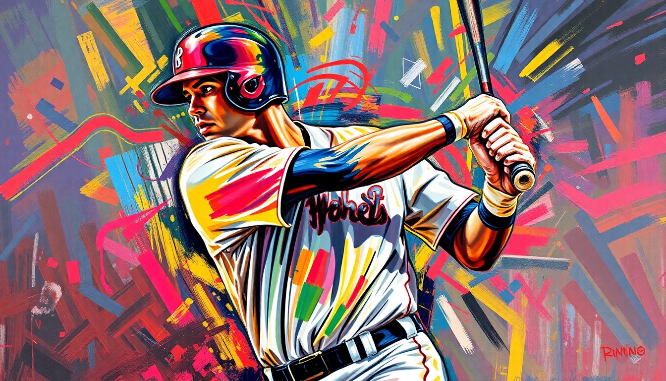 An abstract, energetic painting featuring bold brushstrokes and neon colors that capture the dynamic motion and raw power of a baseball player at the plate.