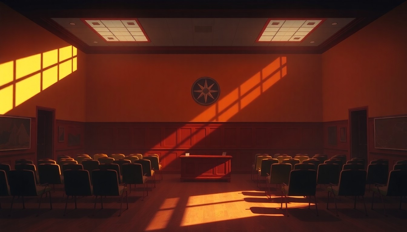 A dimly lit, cinematic painting of an empty Anchorage government office or meeting room, with warm sunlight streaming in through a window and casting deep shadows across the space, conveying a sense of quiet contemplation around the city's political future.
