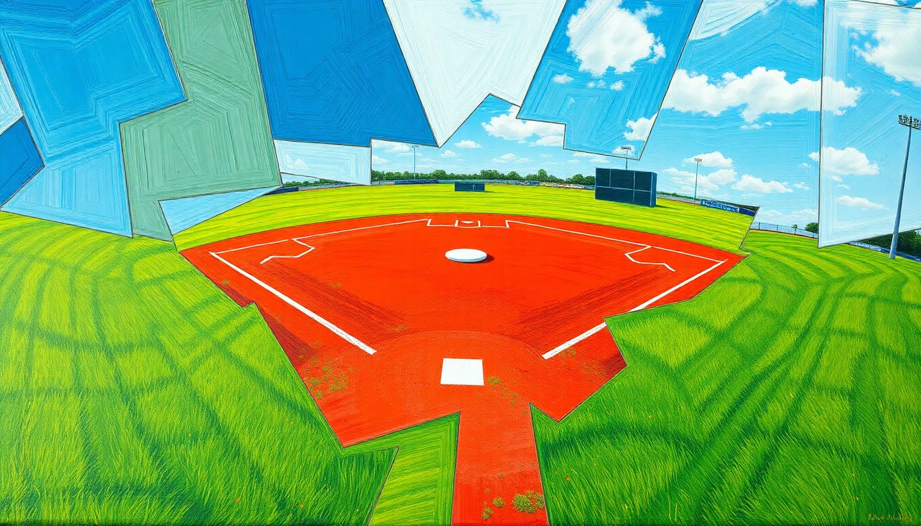 A cubist, geometric painting depicting a high school softball game, with the field, players, and sky broken down into sharp, overlapping planes of color, conveying the energy and intensity of the sport.
