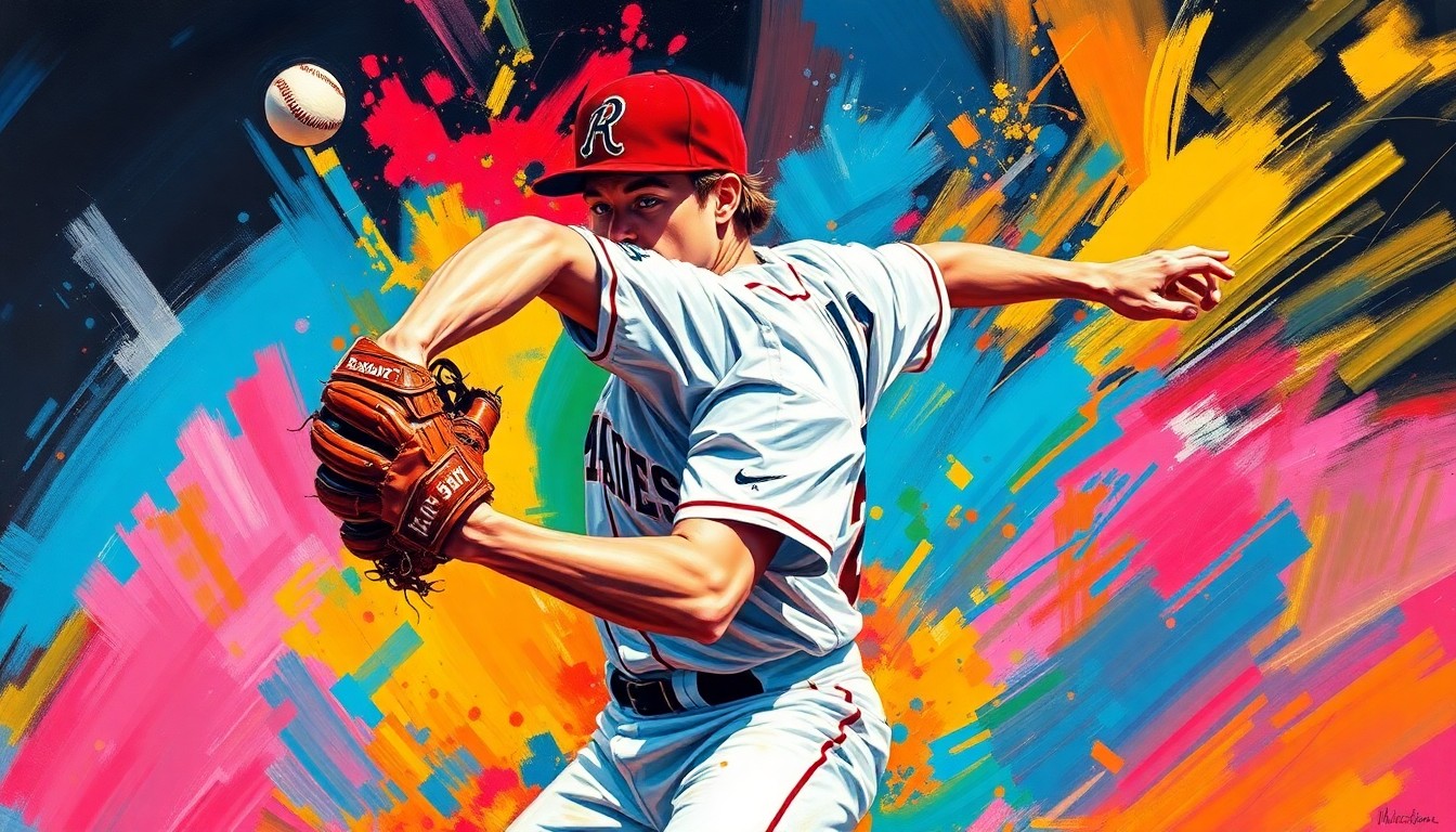 An extreme close-up of a high school baseball pitcher's throwing motion, captured in a vibrant, expressionist style with rapid brushstrokes and neon colors, conveying the raw energy and intensity of the game.