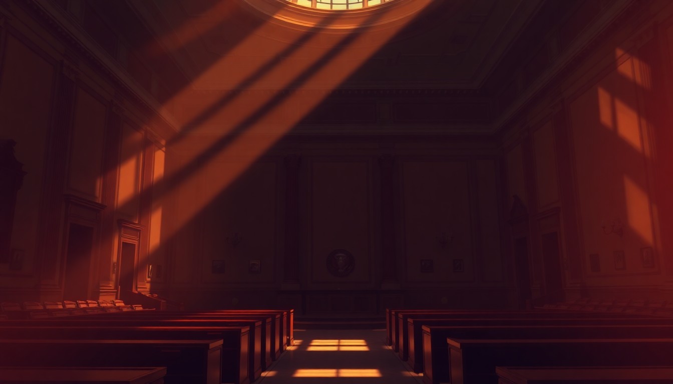 A dimly lit, cinematic painting of an empty government office or legislative chamber, with warm sunlight streaming in through the windows and deep shadows cast across the room, conveying a sense of solemnity and gravity surrounding a political transition.