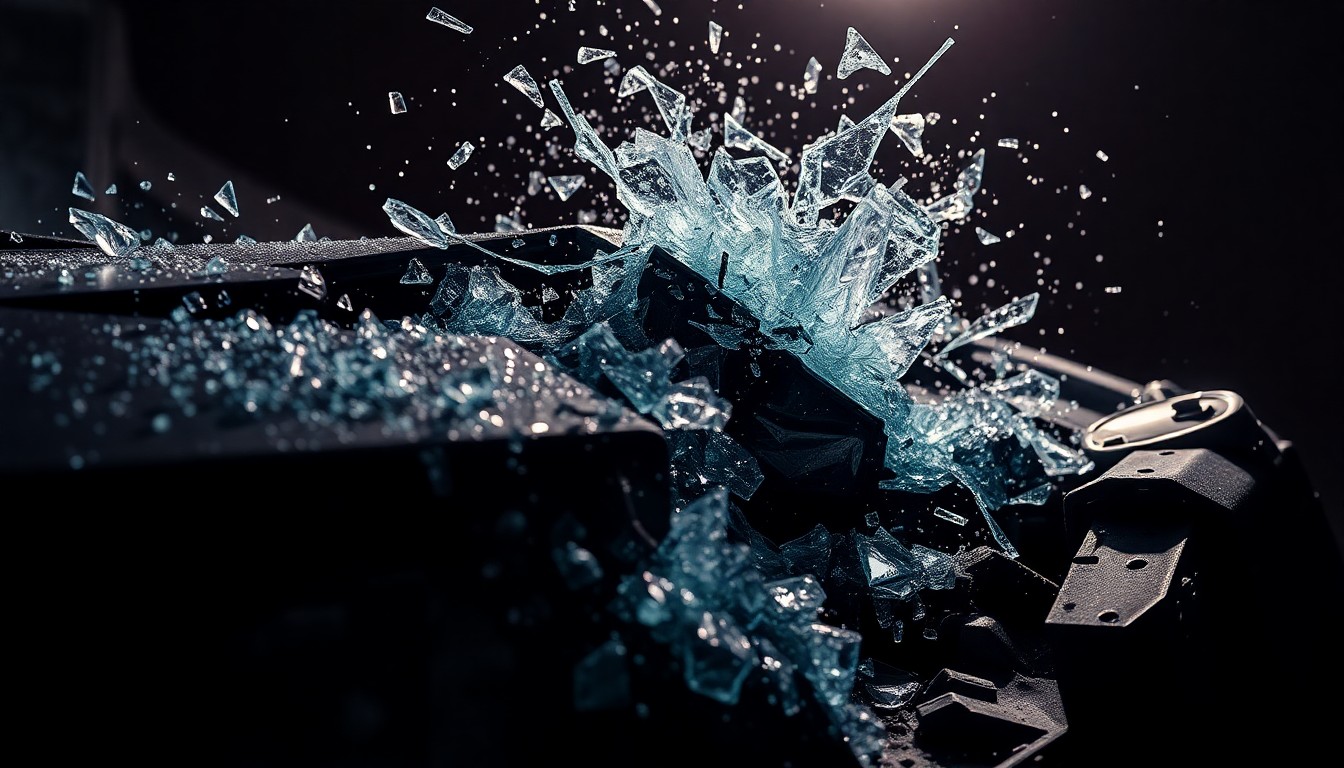 An abstract close-up image of shattered glass and twisted metal, conveying the chaos and devastation of a car crash through dramatic lighting and texture.