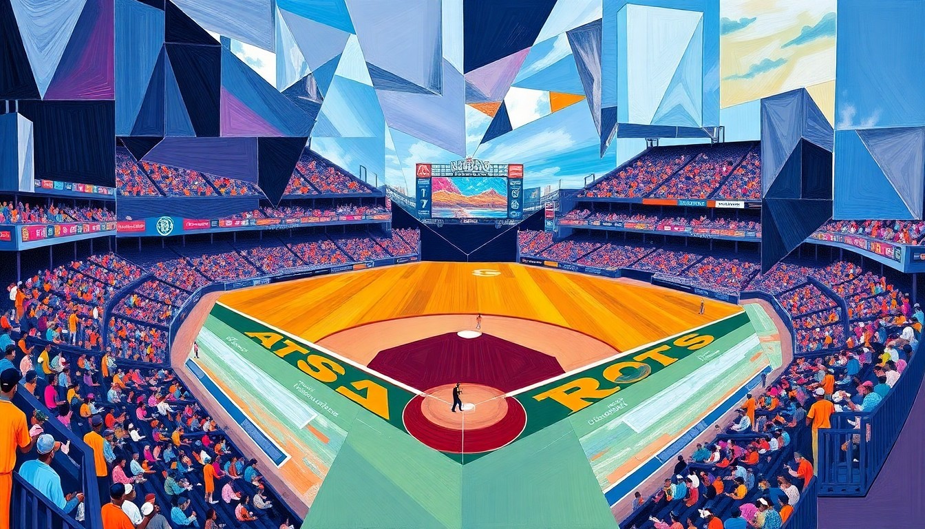 A cubist, geometric painting depicting a baseball game in progress, with the players and field fragmented into sharp, overlapping shapes and planes of color representing the Rockies' and Astros' team uniforms.