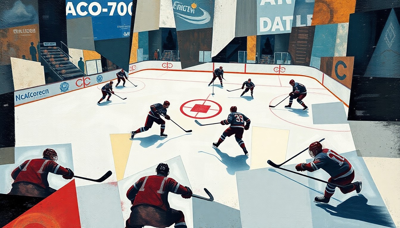 A cubist-style painting depicting a hockey game in motion, with the players, puck, and ice surface fragmented into overlapping geometric shapes and planes of color.