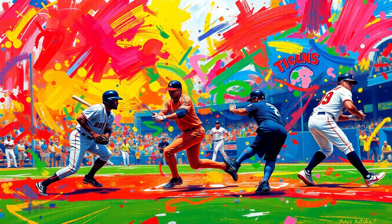 An abstract, expressionistic painting in bright neon colors, with sweeping brushstrokes and fragmented forms representing the energy and action of a baseball game.