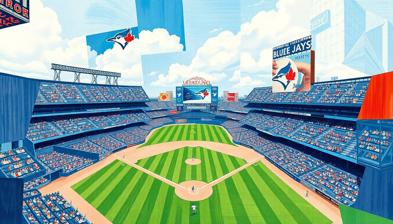 A cubist, geometric painting depicting a baseball game between the Los Angeles Dodgers and Toronto Blue Jays, with overlapping shapes and planes representing the dynamic action on the field.