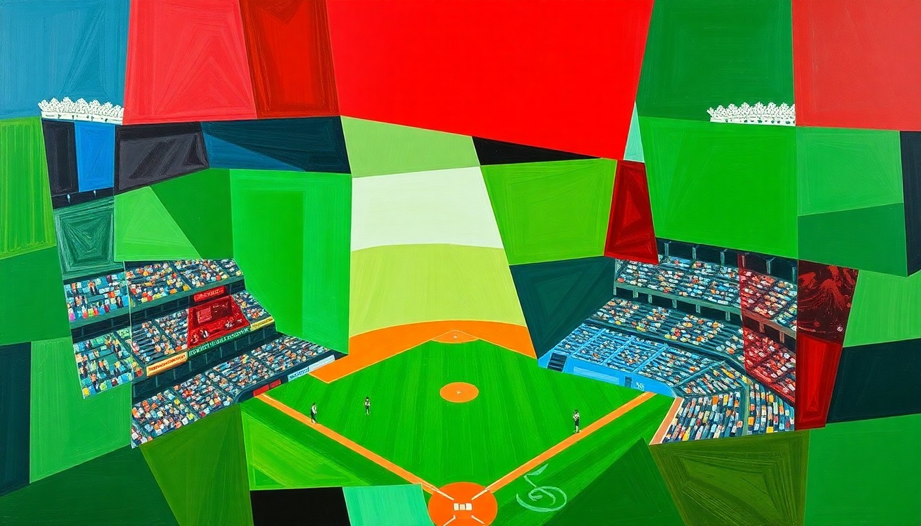 A fragmented, geometric painting depicting a baseball game, with overlapping planes of green, red, and blue representing the field, players, and crowd in an abstract, cubist style.