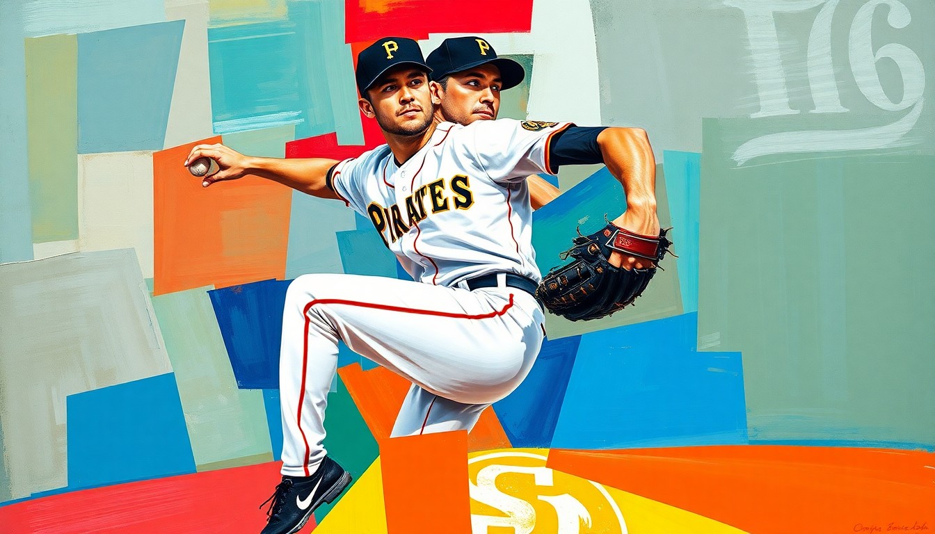A fragmented, geometric painting depicting the various angles and perspectives of a baseball pitcher's windup and delivery, with vibrant splashes of the Pirates' and Padres' team colors.