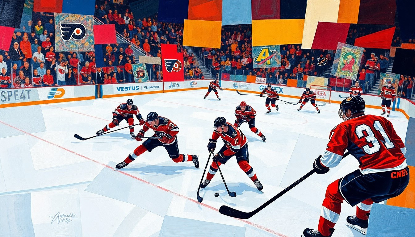 A fractured, cubist-style painting depicting the fast-paced action of a hockey game, with players, pucks, and equipment rendered in sharp, overlapping geometric shapes and vibrant team colors.