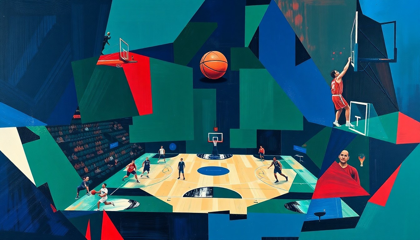A cubist, geometric painting depicting a fragmented basketball game, with sharp planes of navy, green, and red intersecting to create a dynamic, abstract composition.