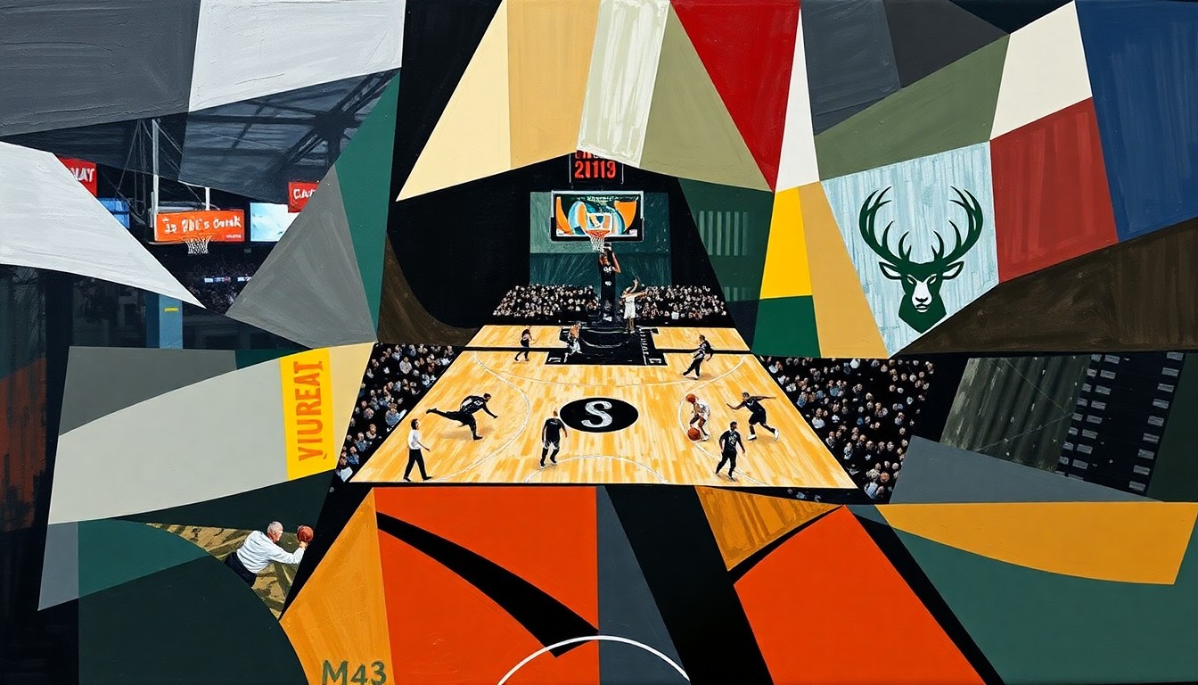 A fragmented, geometric painting depicting a basketball game, with players and the court broken down into sharp, overlapping shapes and planes of color.