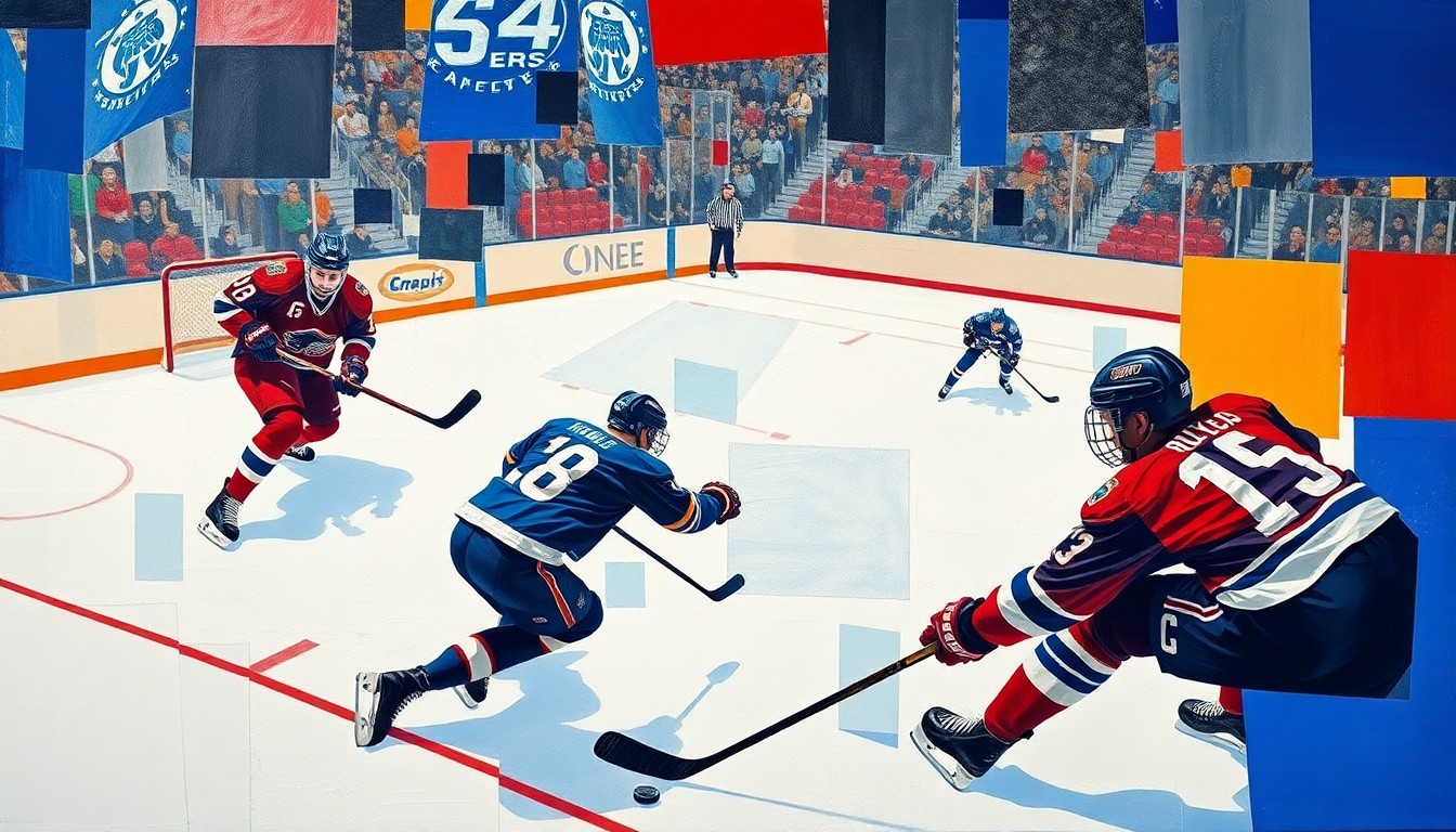 A cubist, multi-perspective painting depicting the chaotic, overlapping movements of a hockey game-winning goal, with sharp planes of blue ice, red jerseys, and white pucks.