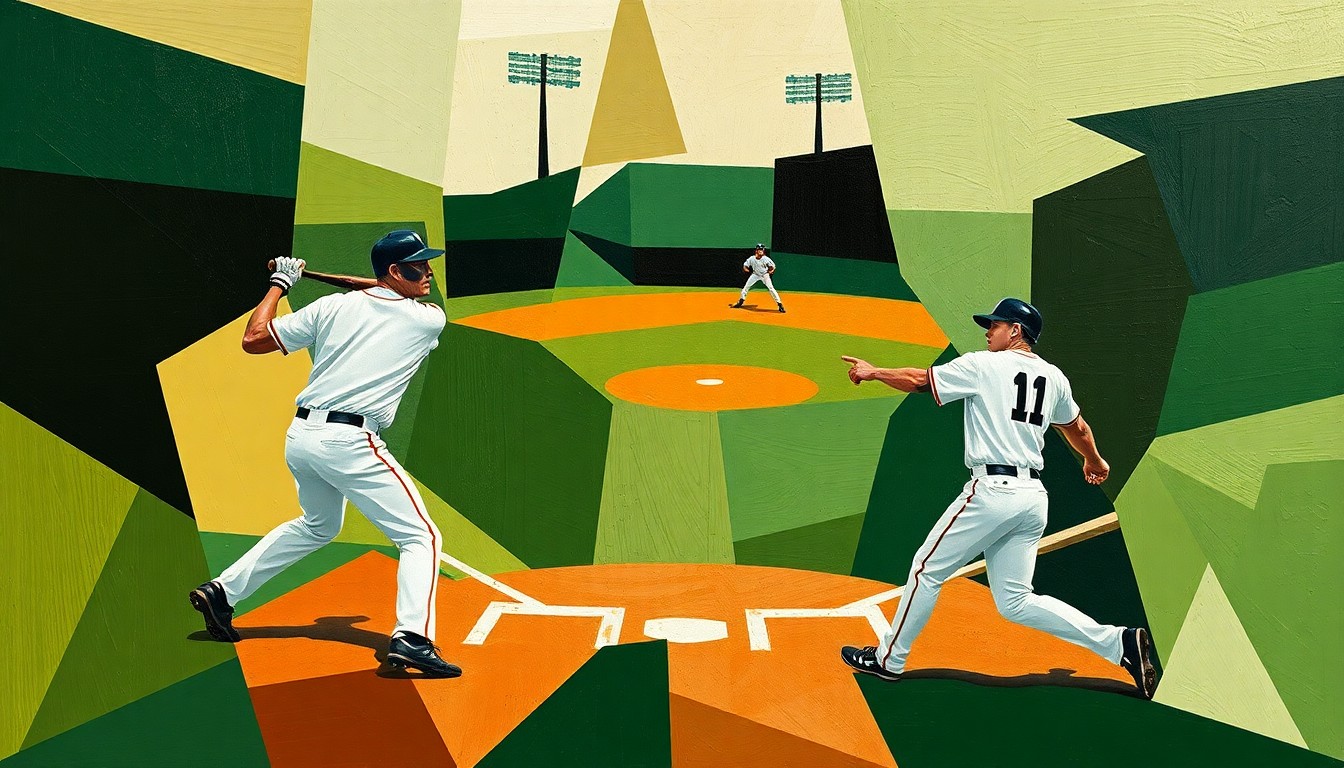 A cubist-style painting depicting the dynamic motion and intensity of a baseball game, with the players' forms abstracted into angular, overlapping geometric shapes in shades of green, brown, and white.