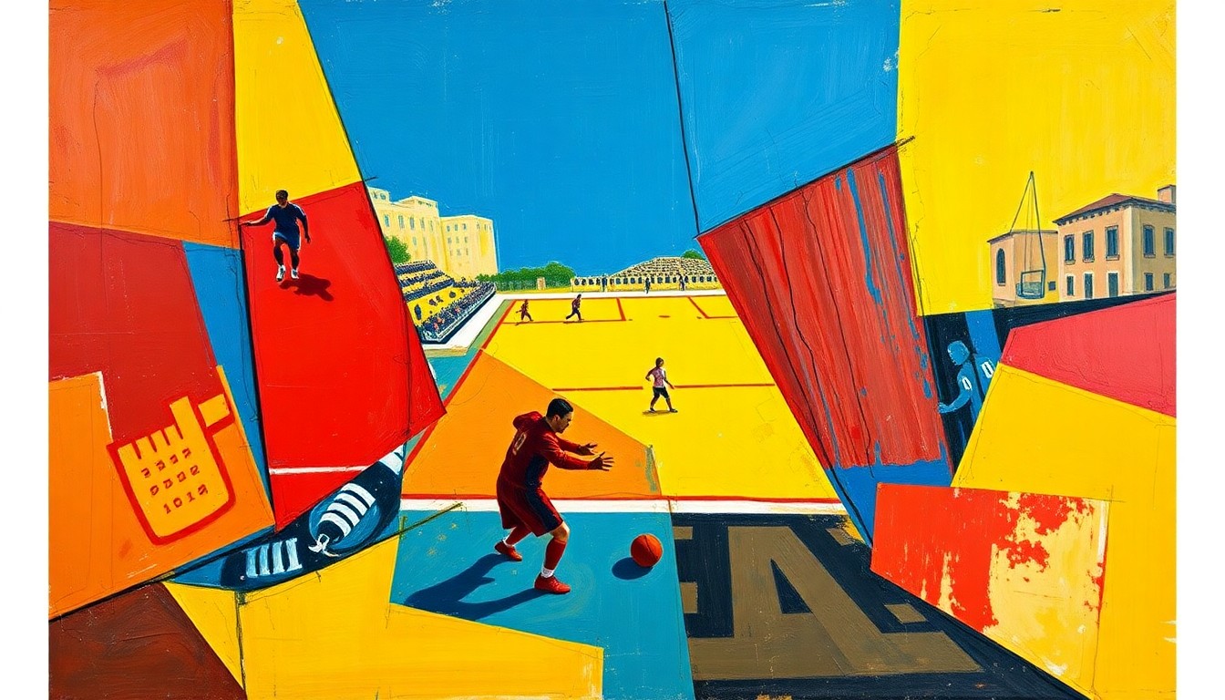 A cubist-style painting featuring overlapping geometric shapes and planes in vibrant colors, conceptually representing the diverse and multifaceted nature of ESPN's Latino sports media talent.