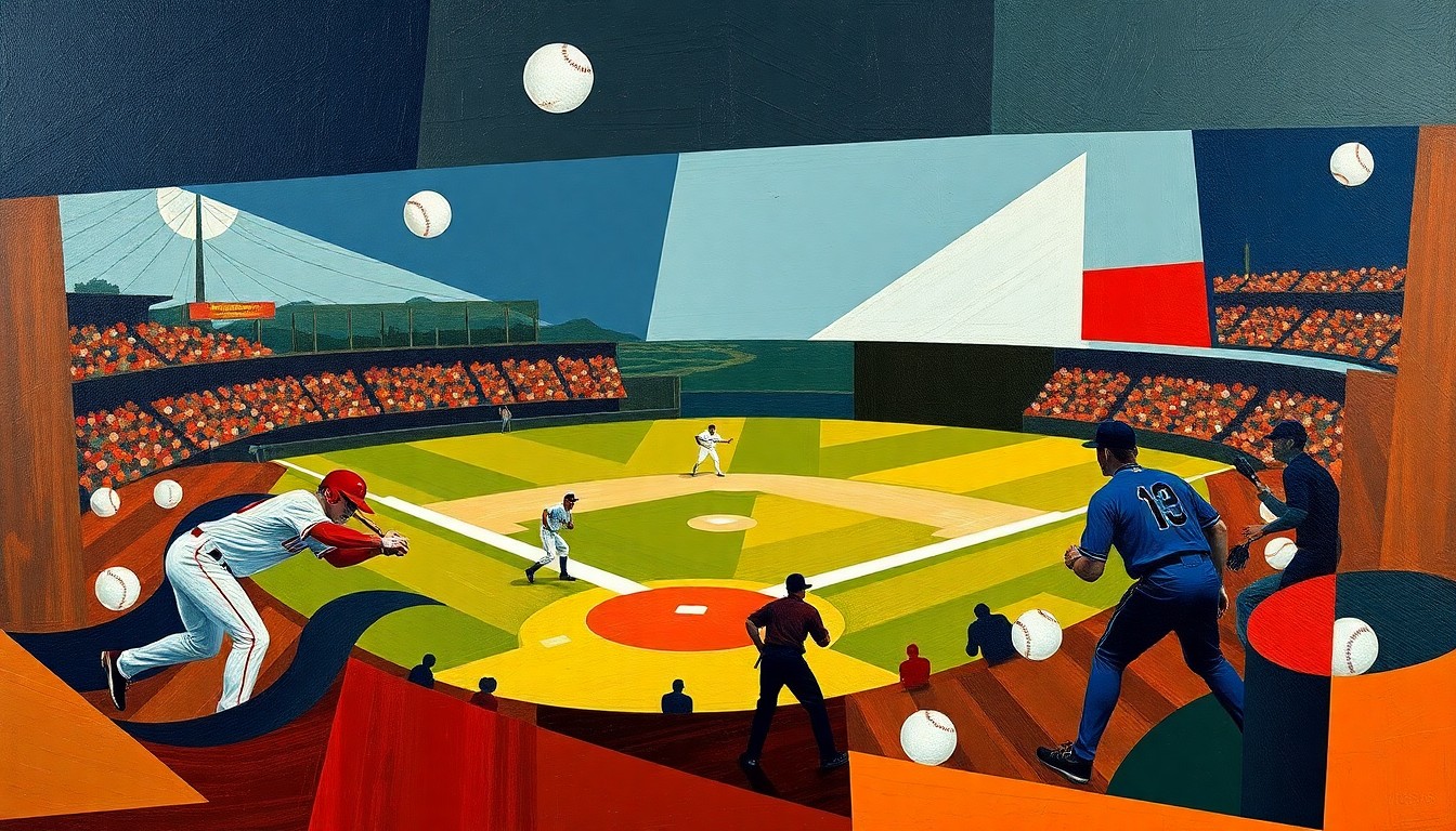A cubist, geometric painting depicting the dynamic action of a baseball game, with overlapping planes of players, baseballs, and the field rendered in a palette of navy, crimson, and gold, conceptually representing the energy and excitement of the Yankees' comeback win.