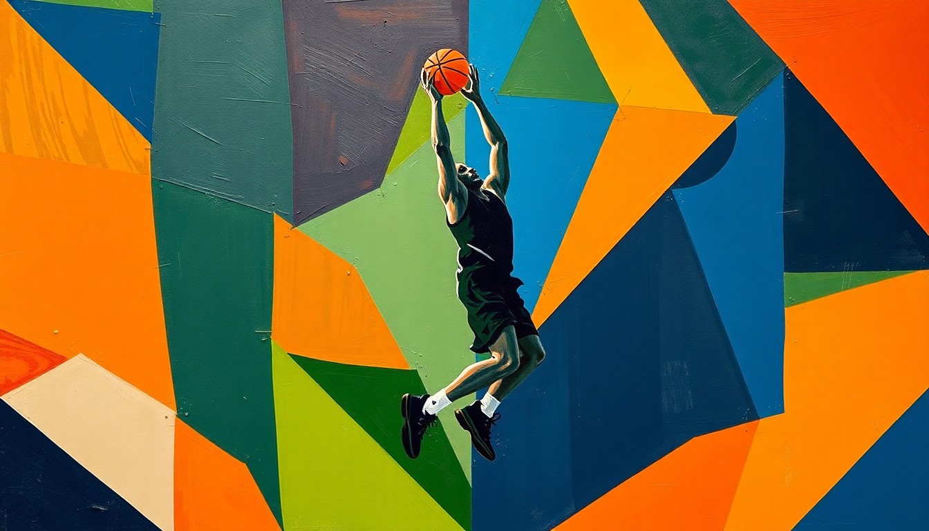A fragmented, geometric painting depicting a basketball player mid-jump shot, with sharp planes of color and overlapping perspectives conveying the dynamism of the sport.