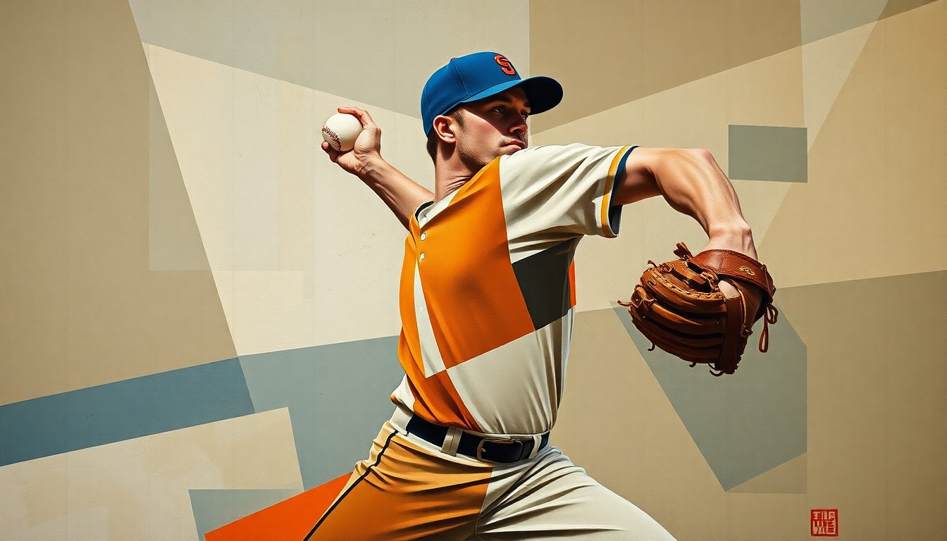 An abstract, cubist-style painting depicting a baseball pitcher's delivery broken down into fragmented geometric shapes and planes in muted earth tones, ochres, and blues, with the ball's trajectory cutting through the composition.