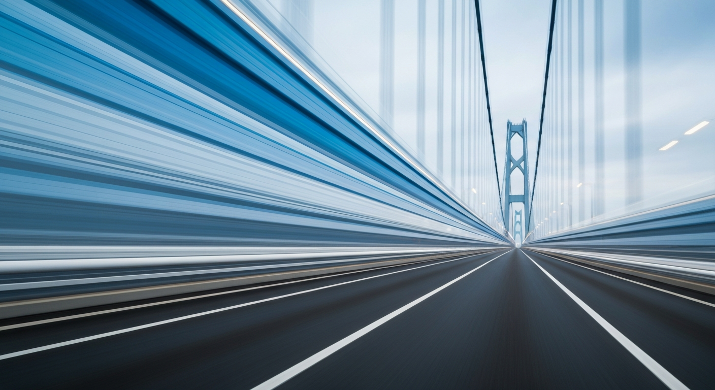 An abstract, impressionistic photograph of a large suspension bridge rendered as sweeping streaks of color, conveying the dynamism and engineering of modern transportation infrastructure.