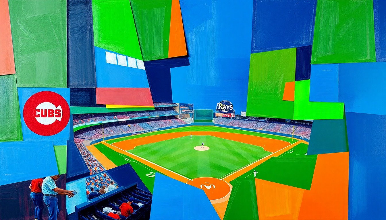 A cubist, geometric painting depicting a baseball game between the Chicago Cubs and Tampa Bay Rays, with the players and field fragmented into overlapping planes of bright colors.