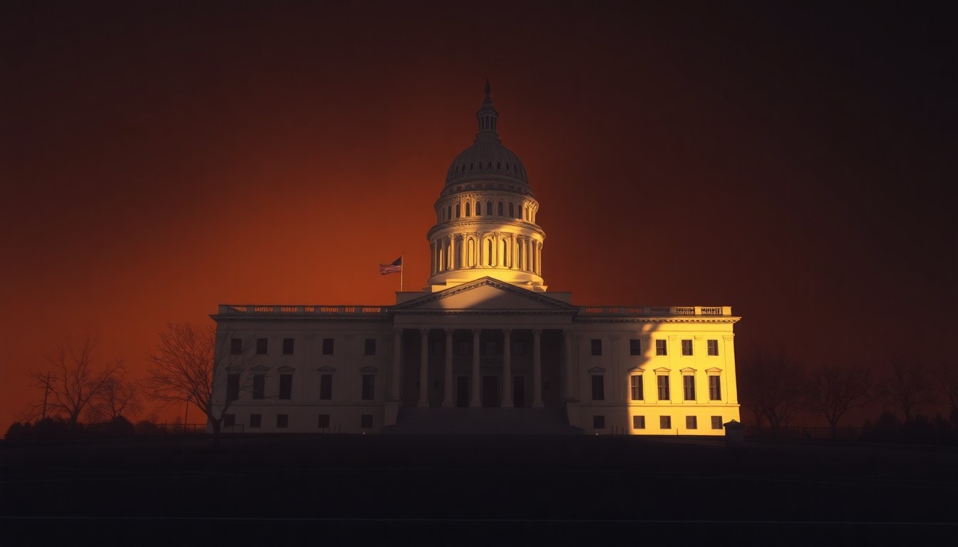 A serene, photorealistic painting of a state capitol building in soft, warm light, conveying a sense of quiet contemplation around the political process.