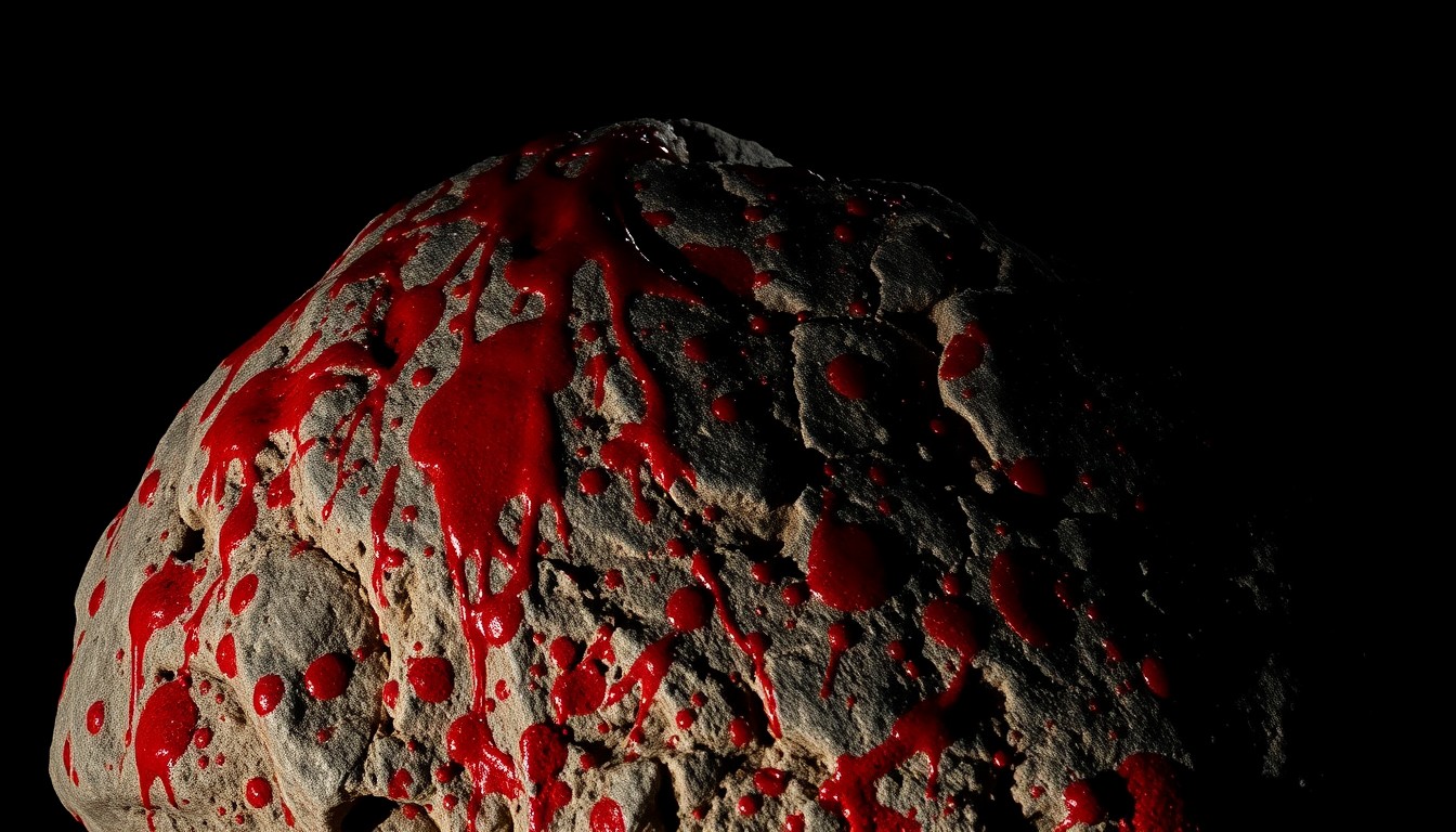 An extreme close-up of a rock covered in blood splatters, creating a stark, gritty, and investigative aesthetic that conceptually represents the violent incident at the center of this crime story.