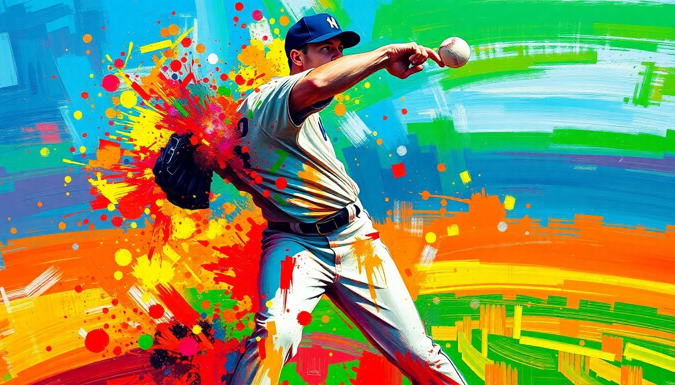 An extreme close-up of a baseball pitcher's face and uniform, rendered in a vibrant, explosive expressionist style with rapid brushstrokes and neon colors, conceptually representing the raw energy and movement of the sport.