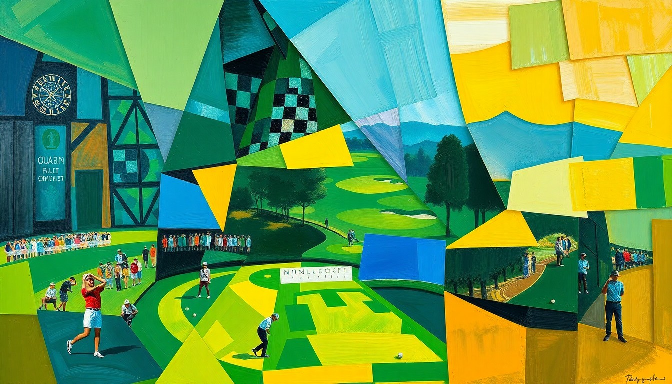 A fragmented, geometric painting depicting a golf tournament scene, with sharp planes of color and overlapping perspectives, conveying the complex and multifaceted nature of the Masters event.