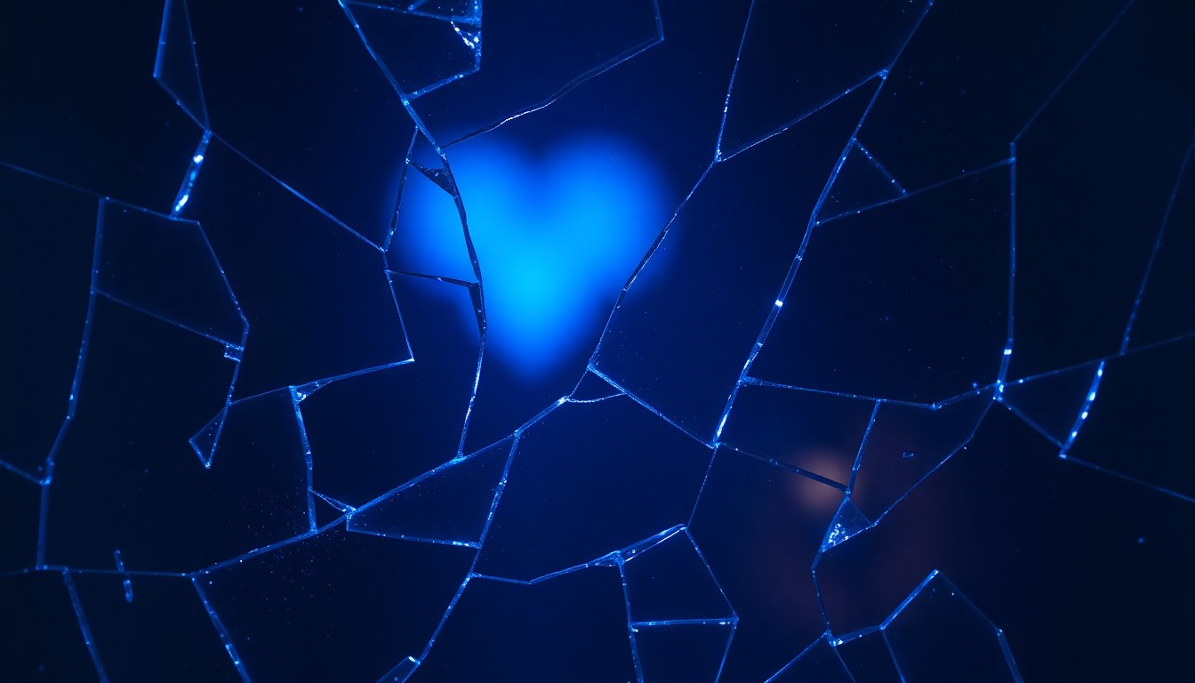 An abstract, high-contrast close-up photograph of a shattered glass surface reflecting a soft blue light, evoking a sense of fragility and the passage of time.