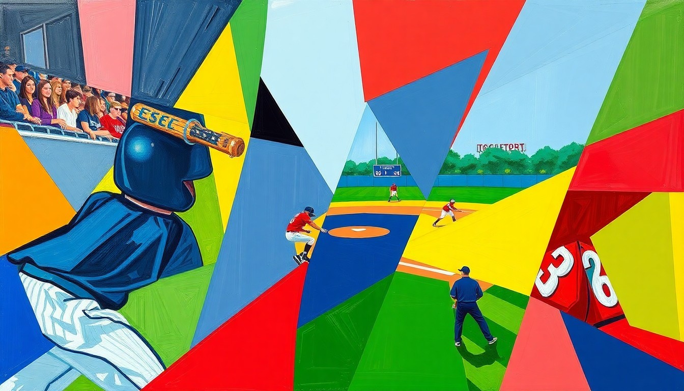 A fragmented, geometric painting in bold colors representing the dynamic movements and energy of a high school sports game.