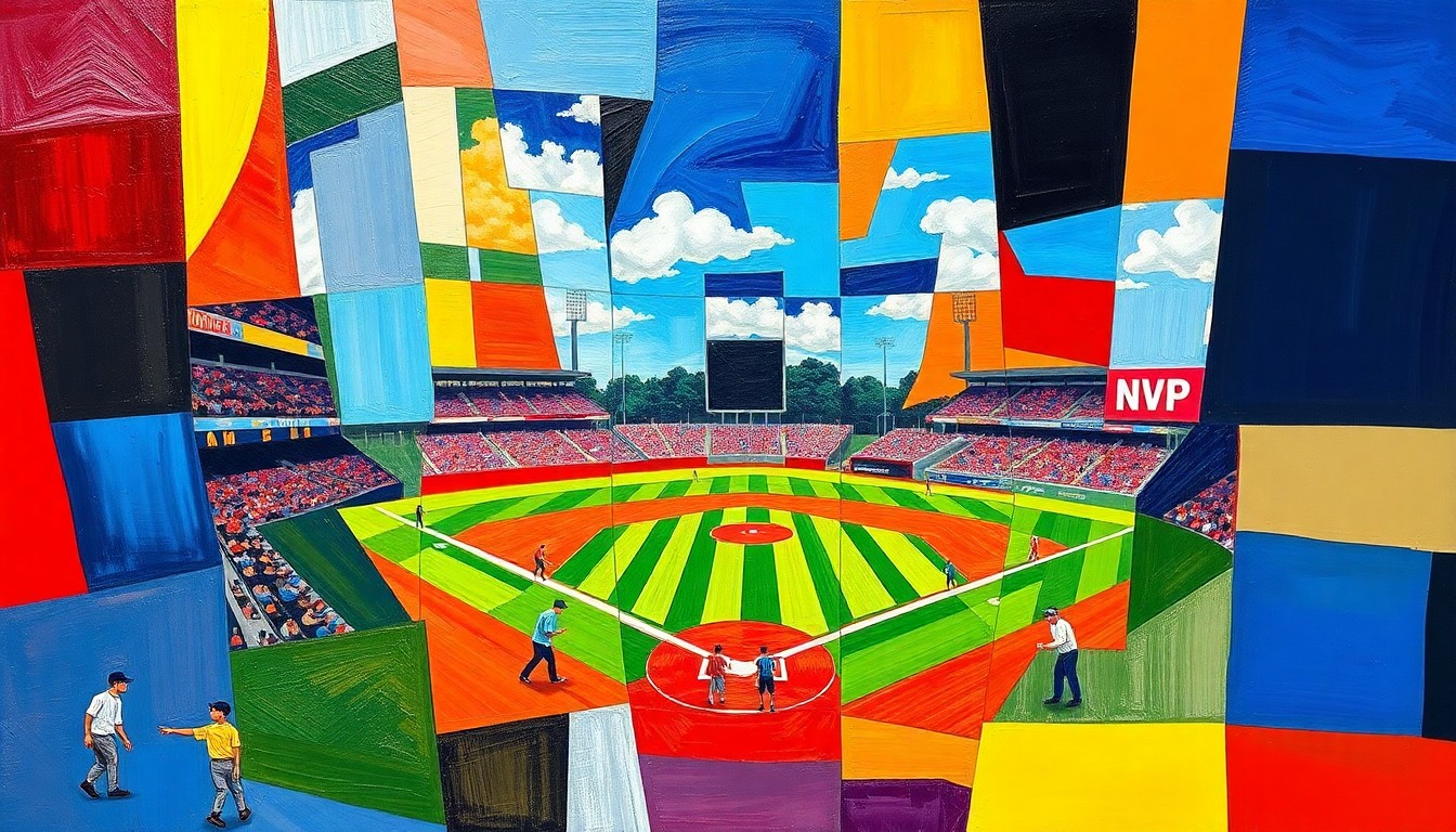 A cubist, fragmented painting depicting a high school baseball game, with players and the field broken down into sharp, overlapping geometric shapes in bright primary colors.