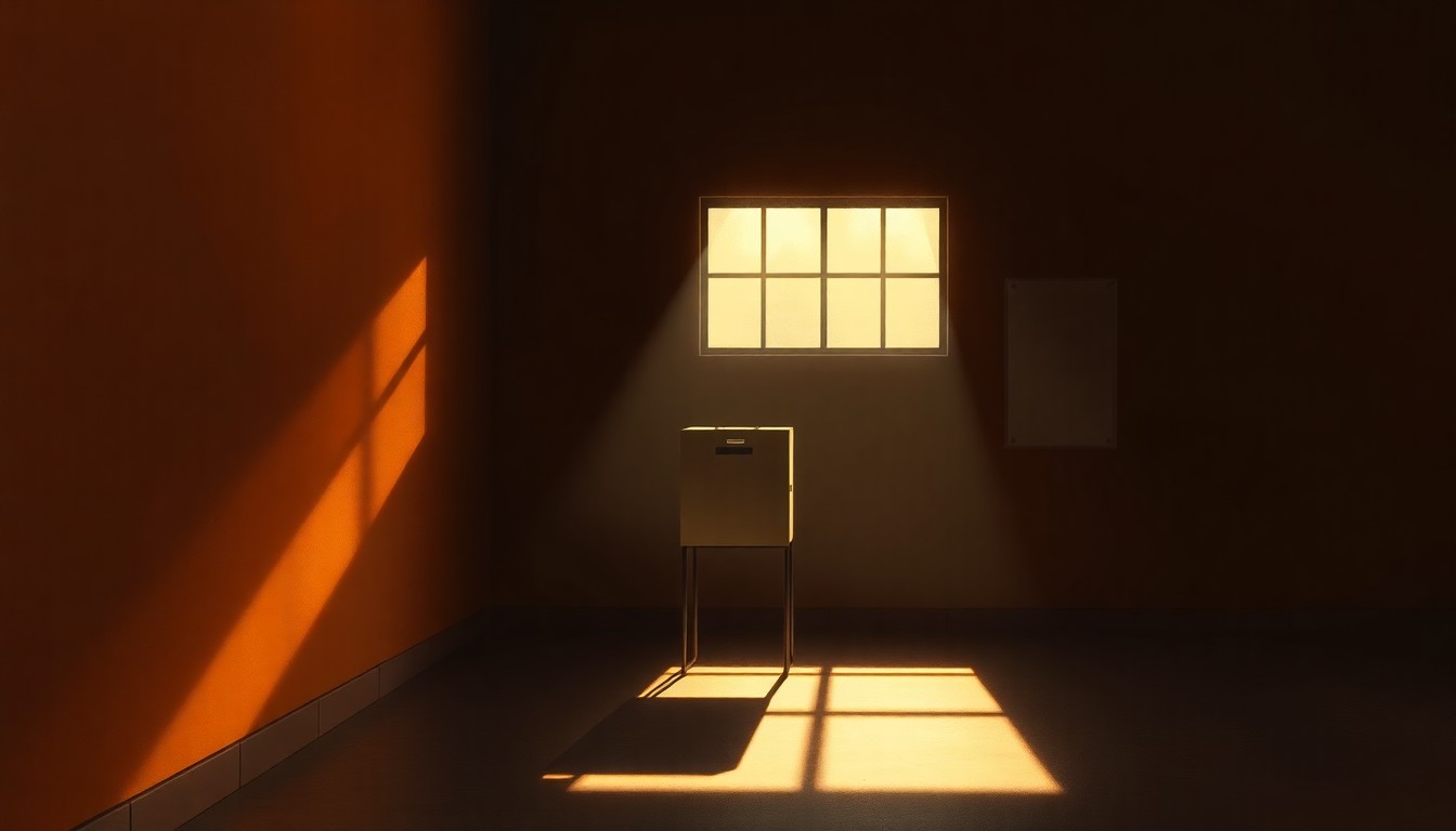 A photorealistic painting of an old-fashioned metal ballot box sitting alone in a dimly lit room, with warm sunlight streaming in through a window and casting deep shadows across the scene, conveying a sense of civic duty and democratic process.