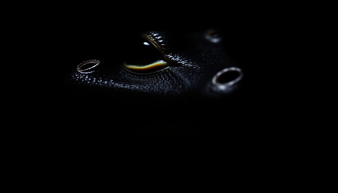 An extreme close-up photograph of a baby alligator's eye and snout, lit by a harsh, direct camera flash against a pitch-black background, conveying a stark, gritty, and investigative aesthetic about the need to protect vulnerable wildlife.