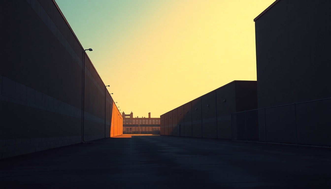 A serene, cinematic painting depicting an ICE detention facility in the foreground, with the outline of a high school visible in the background, all bathed in warm, golden light and deep shadows, conceptually representing the community's concerns over the facility's location and impact.
