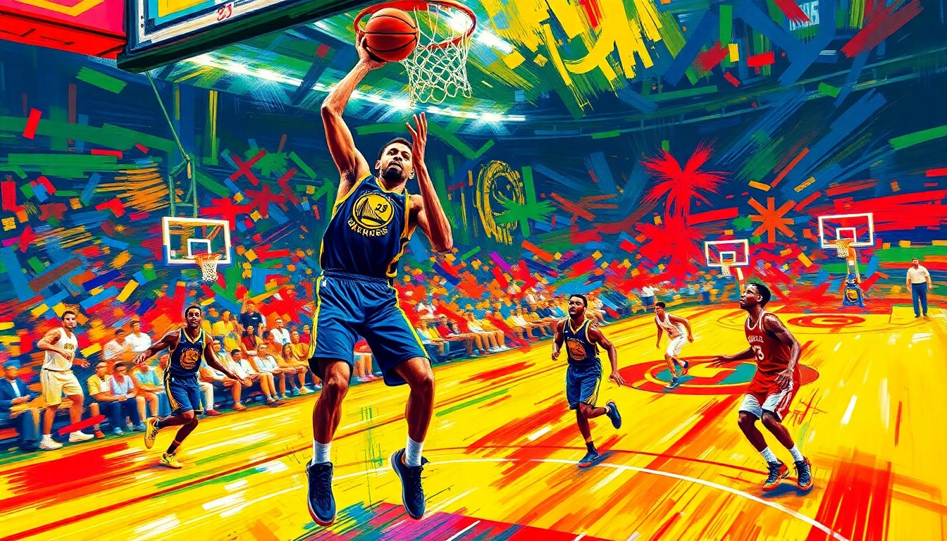 An abstract, expressionist painting in vibrant neon colors depicting the dynamic movement and energy of Stephen Curry driving to the hoop and draining a 3-pointer, the basketball court and players dissolving into a blur of rapid brushstrokes.
