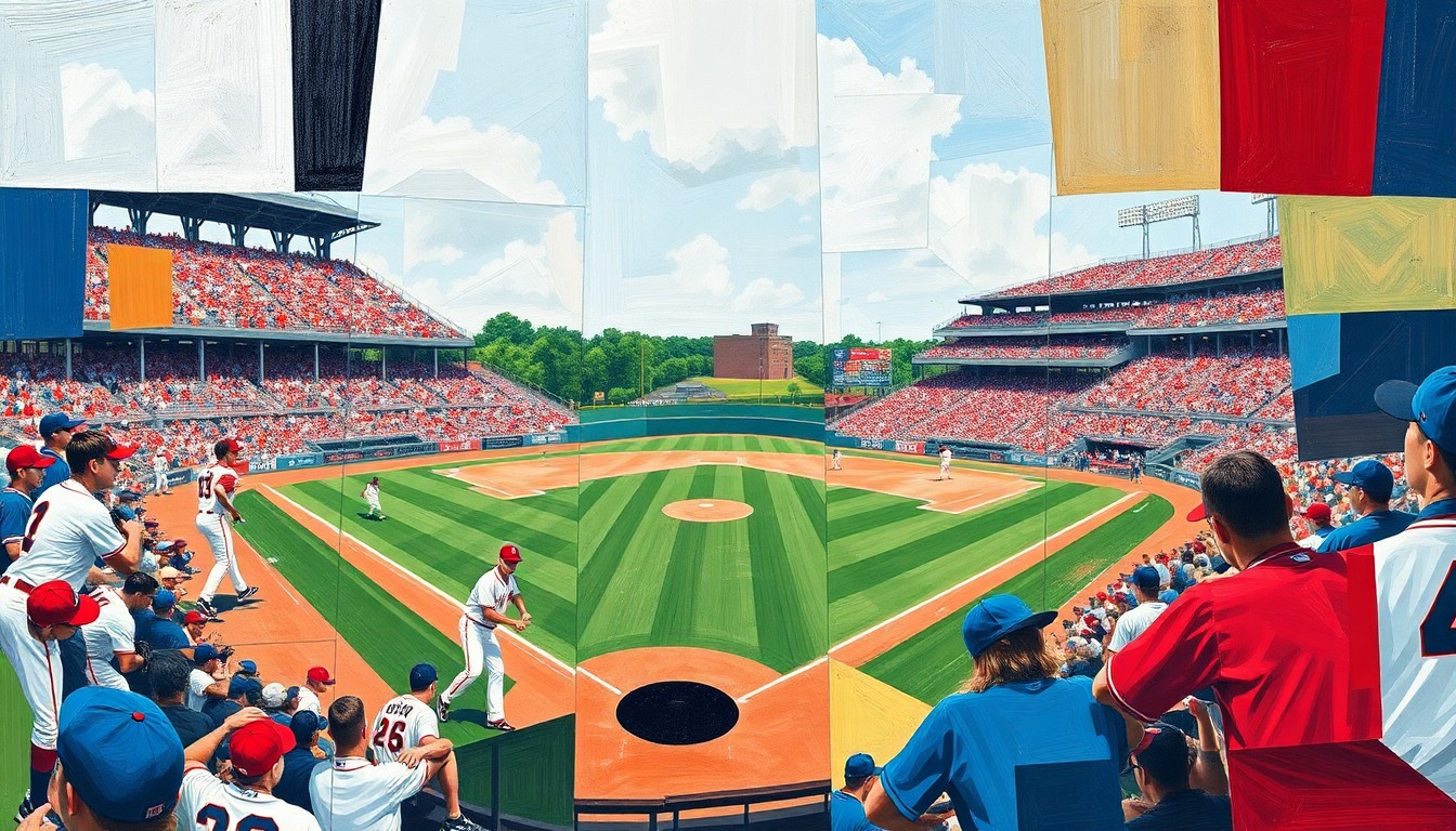 A fragmented, geometric painting depicting the dynamic motion and competing team colors of a college baseball game, without any recognizable players or logos.