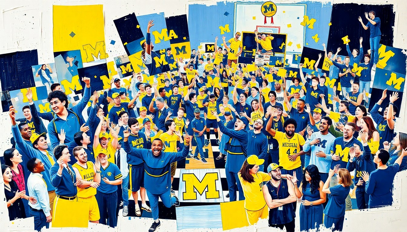 A cubist, geometric painting depicting the joyful energy of a college basketball championship celebration, with fragmented, overlapping shapes and planes of players, coaches, and fans in the team's signature blue and yellow colors.