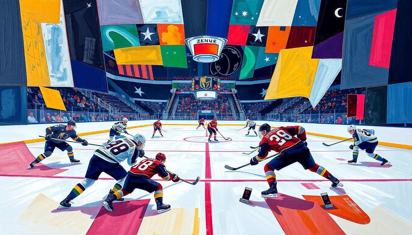 A cubist, geometric painting depicting a hockey game, with the players and ice rink broken down into overlapping, angular shapes in the team's colors of gold, black, and blue.