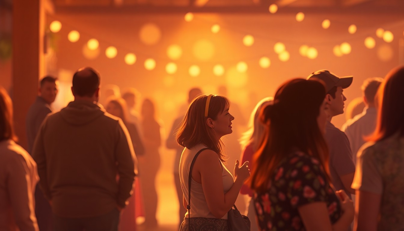 An abstract, impressionistic scene of blurred figures gathered at a community event, with soft washes of warm light and color creating an intimate, nostalgic atmosphere.