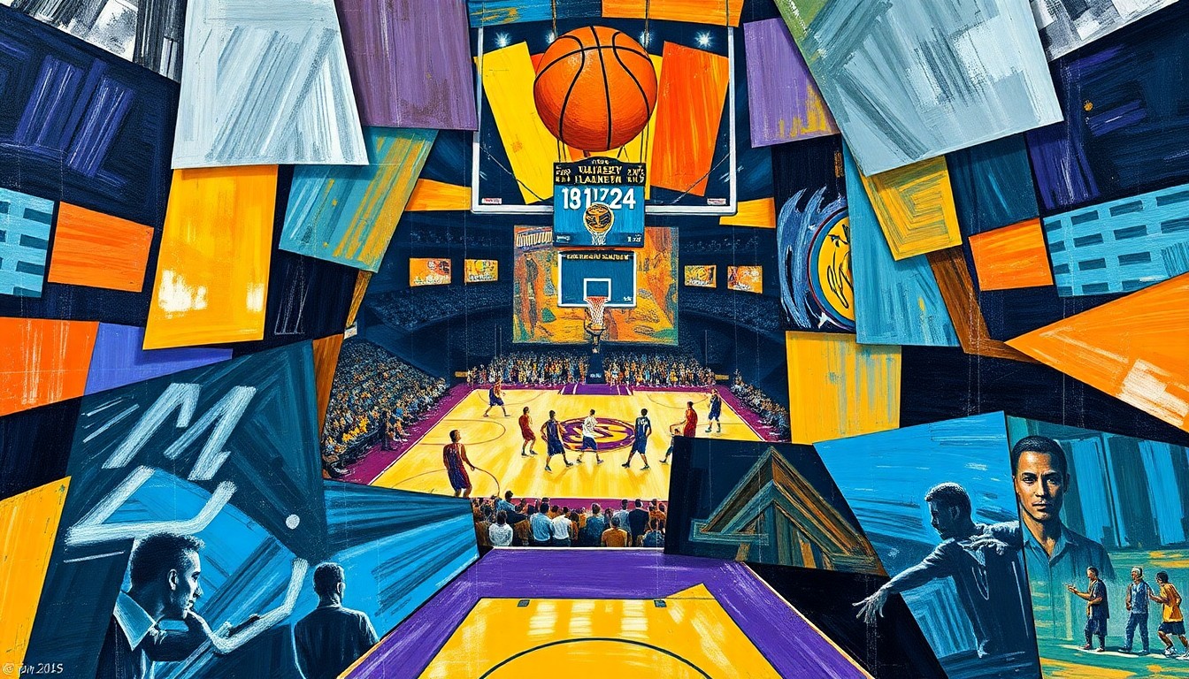 A fragmented, cubist-style painting depicting a basketball game, with the players and court broken down into sharp, overlapping geometric shapes and planes in a variety of bold colors, conveying the chaos and intensity of the Lakers' lopsided loss to the Thunder.