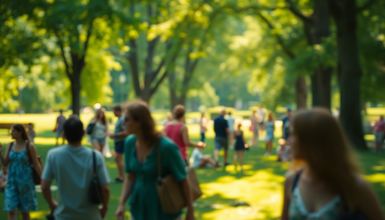 An abstract, out-of-focus photograph depicting people enjoying outdoor activities in a verdant park setting, with soft, warm pools of light and color creating a serene, atmospheric mood.
